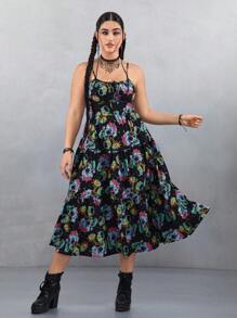 Rick and Morty X SHEIN 大码朋克涂鸦收腰蝴蝶结后拉链喇叭裙，黑色， - 黑色 - 查看 5