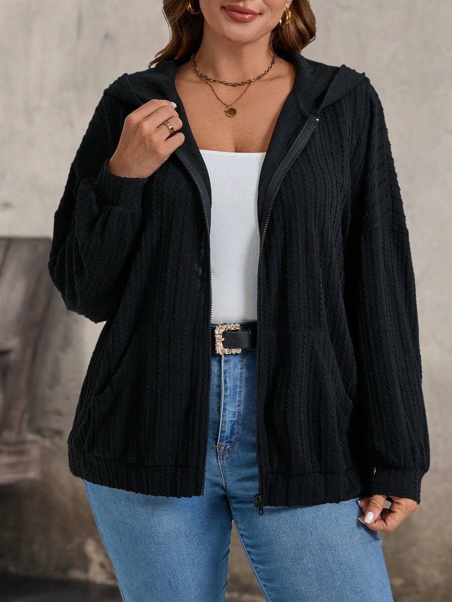 SHEIN LUNE Plus Size Winter Clothes Textured Fabric & Comfortable Hooded Pocket Coat - Black - View 1