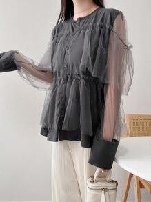 FRIFUL 女式宽松圆领长袖网眼撞色 T 恤，春夏 T 恤，秋季女装 - 灰色 - 查看 6