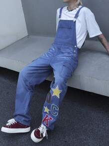 Manfinity Roughcore 男式夏季休闲无袖趣味星星图案牛仔背带裤，带口袋，适合聚会、朋友聚会 - 藍色 - 查看 6