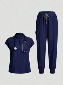 TaskEZ Conjunto de uniforme de pantalón y camisa de manga corta de un solo color, conjunto de batas - Azul - Ver 11