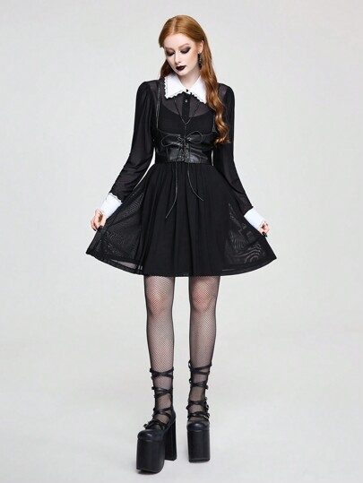 Academia Robe transparente en dentelle froissée avec col patchwork de couleur unie pour femmes