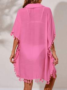 SHEIN Swim 流蘇邊蝙蝠袖前紐扣和服罩衫