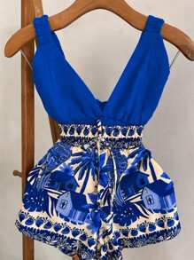 Franclia Women Summer Hollow Out Solid Color Camisole And Palm Print Shorts Set For Vacation