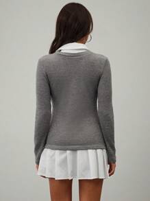 Aloruh 秋季女装 Geek Chic 年轻女孩时尚运动休闲辣妹学院风连衣裙 2 合 1 针织衬衫撞色拼接灰色长袖迷你连衣裙 - 灰色 - 查看 2