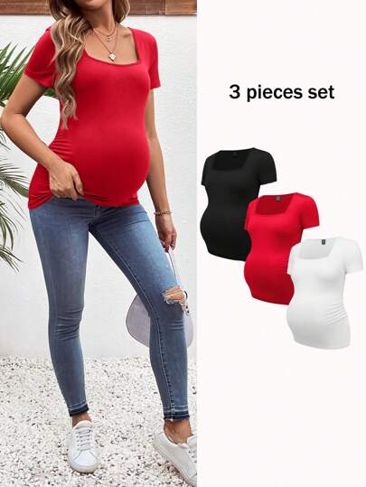 SHEIN 3pcs/Set Maternity Simple Black White Grey Square Neck Short Sleeve Fitted Summer Tops
