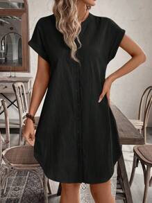 EMERY ROSE 女士休闲纯色 V 领蝙蝠袖单排扣直筒连衣裙，夏季