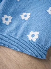 SHEIN 年轻女孩圆领长袖花卉图案毛衣，休闲日常穿着 - 藍色 - 查看 4