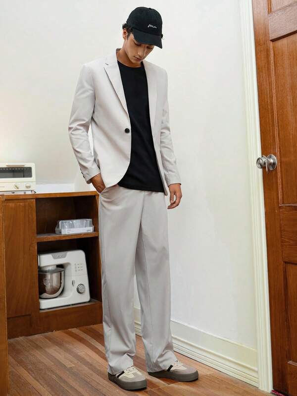 Mainfolk 2pcs Men Loose Fit Casual Solid Color Long Sleeve Cardigan Jacket And Elastic Waist Straight Pants Suit