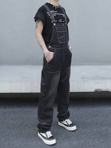 Manfinity Hypemode Men's Casual Loose Fitting Denim Bib Overall Long Pants, Summer - Black - View 3