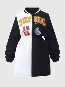 SHEIN Tween Girls Letter Print Dropped Shoulder Zip-Up Hoodie - Multicolor - View 1