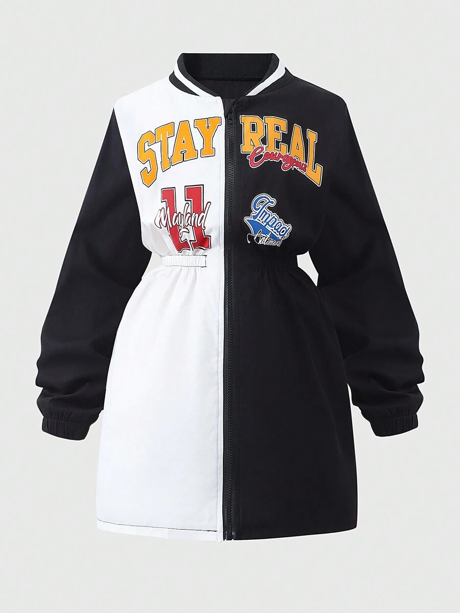 SHEIN Tween Girls Letter Print Dropped Shoulder Zip-Up Hoodie - Multicolor - View 1