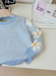 SHEIN Leap Crew Young Girl Flower Pattern Round Neck Loose Casual Sweater - Blue - View 5