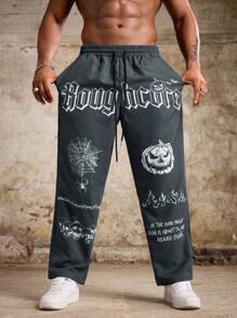 Manfinity LEGND Plus Size Men's Drawstring Letter & Halloween Element Casual Pants