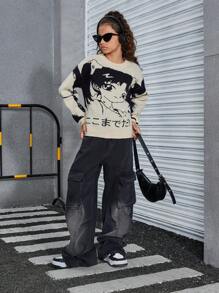 Girls Anime Style Crew Neck Loose Fit Knit Sweater, Autumn