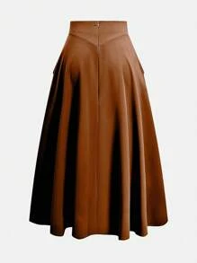 SHEIN Unity 女士纯色拉链口袋休闲半身裙 - 巧克力棕 - 查看 2