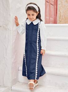 SHEIN Young Girl Contrast Color Peter Pan Collar Contrast Lace 2-In-1 Dress, Suitable For Daily Wear, Family Gathering, Birthday Party, Special Occasions, Suitable For Autumn And Winter