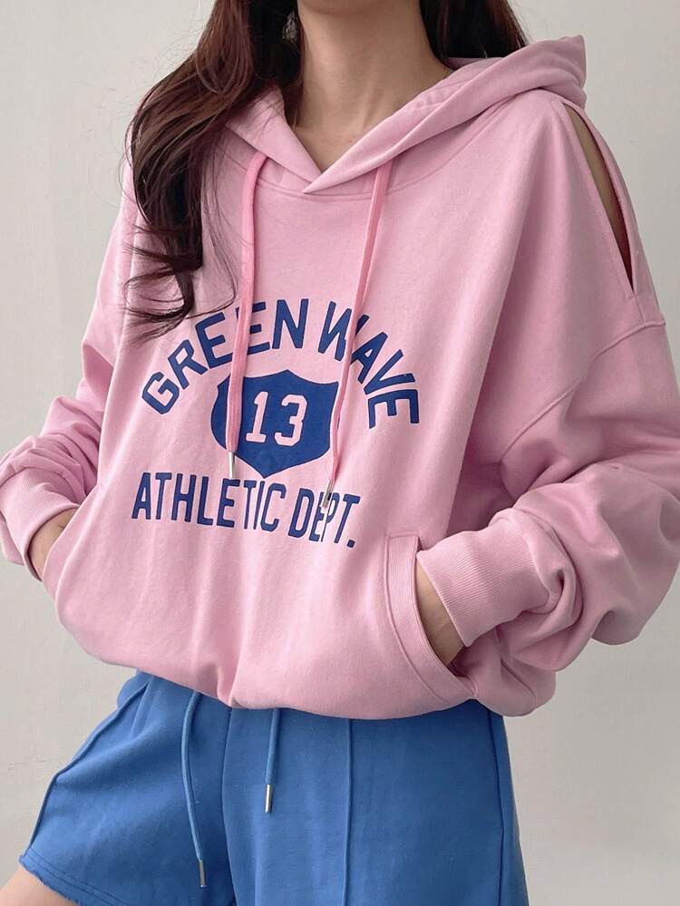Women's Letter Print Long Sleeve Pocket Loose Hooded Sweatshirt, Casual Wear Hoodies