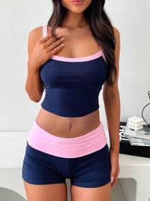 INAWLY Contrast Binding Cami Top & Shorts For Summer, Women Clothes - Multicolor - View 3