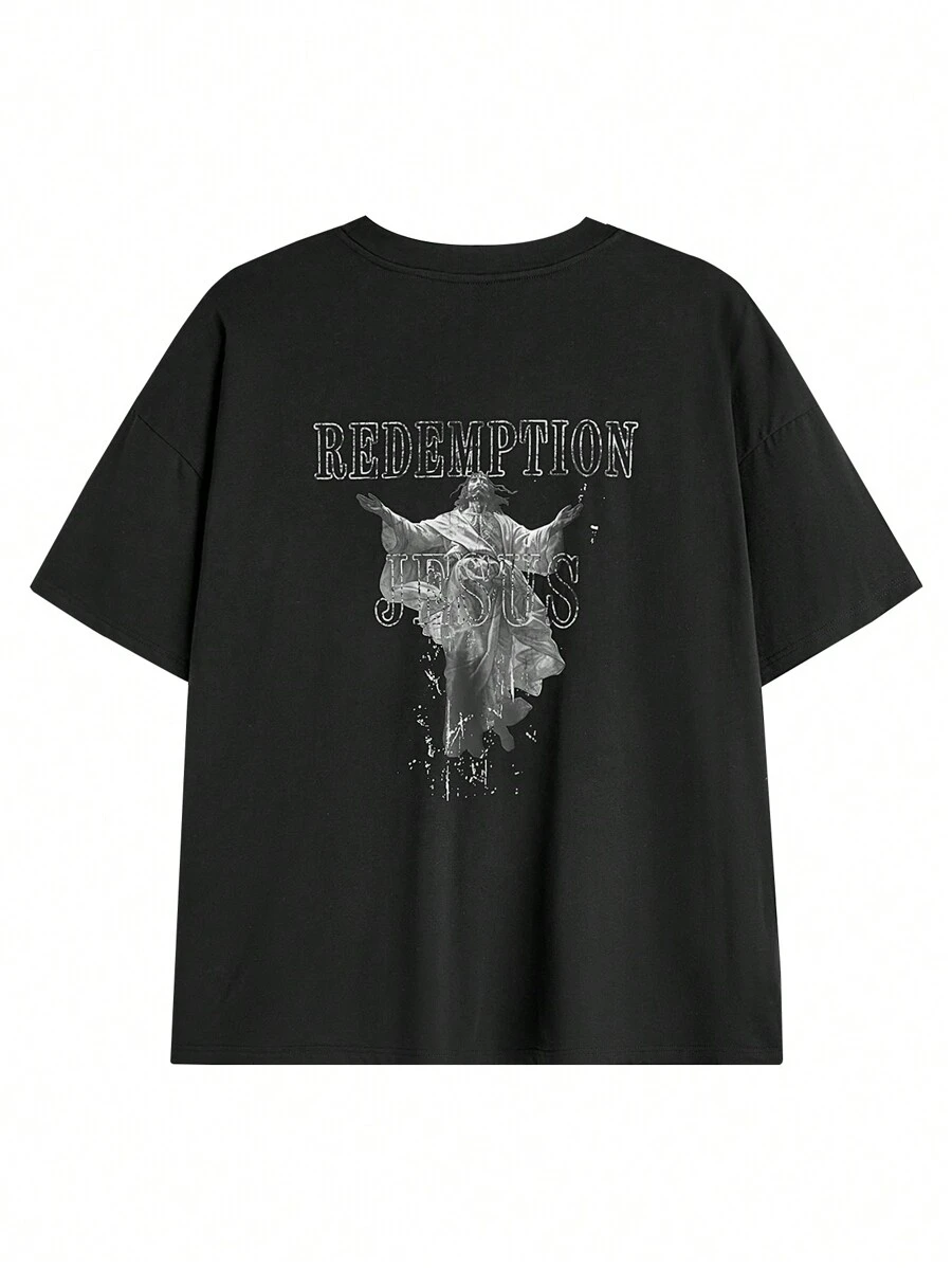 Manfinity VCAY 男士加大休闲耶稣印花落肩宽松 T 恤，夏季，图案 T 恤 - 黑色 - 查看 1