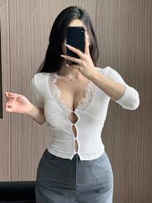 DAZY Women's Spring/Summer Hollow Out Sexy Lace Patchwork Fitted Mid-Sleeve T-Shirt,Fall Clothes - White - View 4