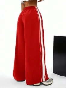 Coolane 女士春夏休闲运动嘻哈条纹纹理装饰运动裤 - 紅色 - 查看 2