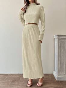 EURMUSE Langarm Set bestehend aus detaillierter plissierter modischer Bluse und Rock - Beige - Übersicht 6
