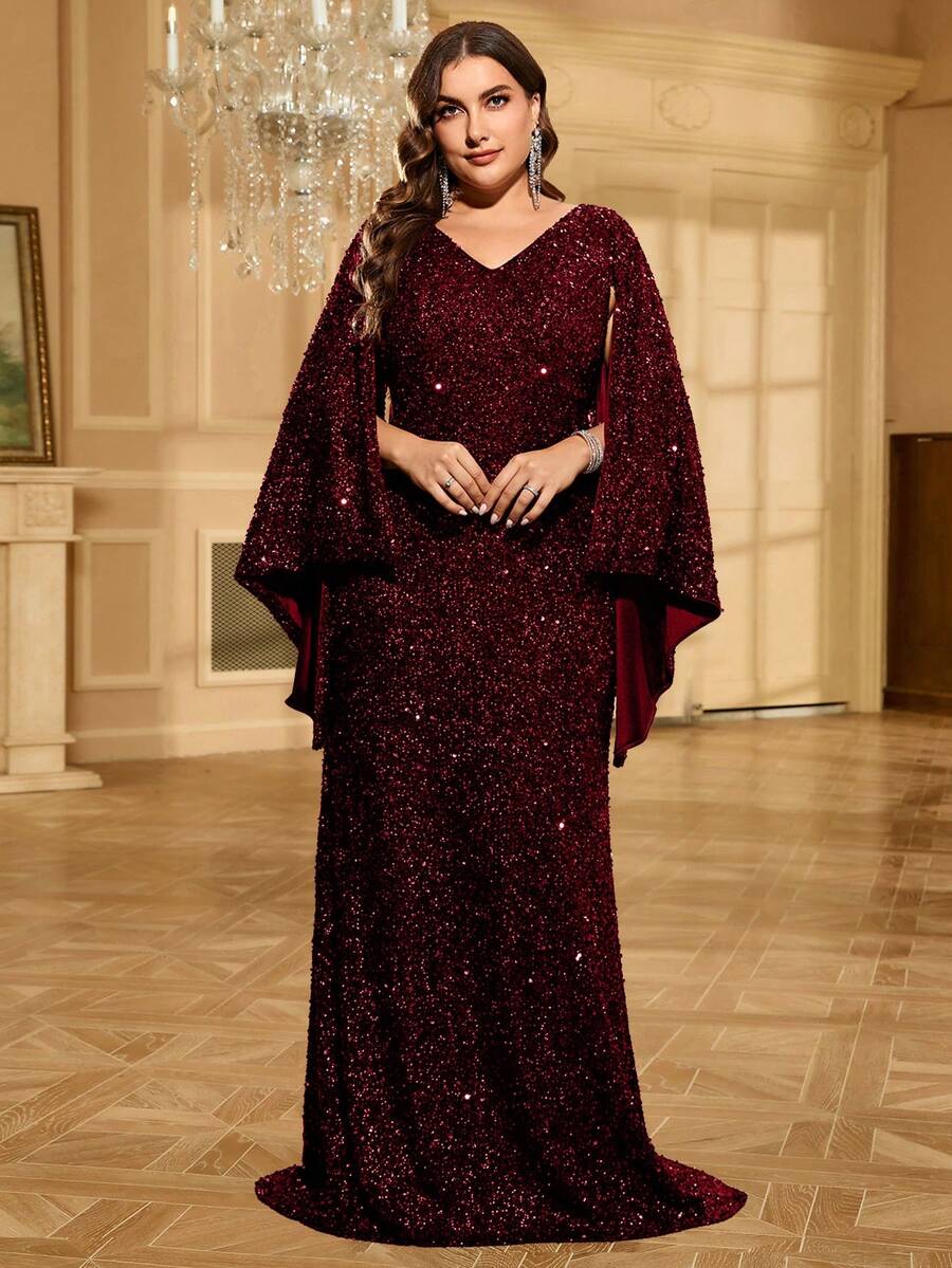 UNITHORSE 加大码女式 V 领亮片喇叭袖礼服派对礼服婚礼宾客礼服晚礼服、新娘礼服、生日服装、毕业礼服、长袍 - 酒紅色 - 查看 1