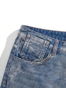 Chillumni 男士浅蓝色复古水洗休闲直筒牛仔短裤，emo 风格 - 淺色水洗藍 - 查看 4