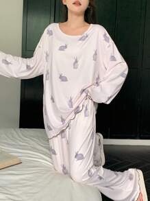 DAZY 长袖兔子印花上衣和裤子睡衣套装，秋冬服装 - 米色 - 查看 4