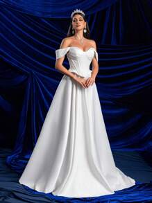 SHEIN Belle Elegant Glamorous Off-Shoulder 2 In 1 Set With Sequin Lace Bust Cup, Fish Bone Boning, A-Line Dress & High Slit, Sheer Lace Design, Suitable For Weddings, Parties, Galas & Informal Ceremonies, White Bridal Dress
