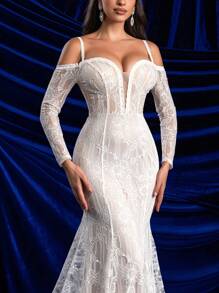 Glamrae 优雅迷人的白色对比香槟色 V 领露肩透视长袖喇叭弹力蕾丝性感露背美人鱼下摆廓形连衣裙适合婚礼、派对、节日和毕业典礼