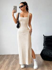 SHEIN Unity 女士纯色宽肩带方领镂空开衩下摆简约休闲度假连衣裙长款女装 - 杏色 - 查看 5