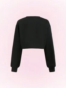 SHEIN Unity 女士圆领落肩长袖短款蝴蝶结印花卫衣，春秋季套头衫 - 黑色 - 查看 2