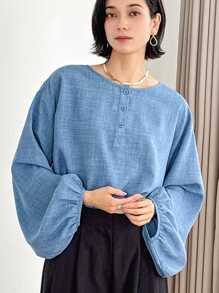 FRIFUL Áo sơ mi dài tay trễ vai dáng rộng vừa vặn dành cho nữ, mùa xuân và mùa hè - Màu xanh lam - Xem 1