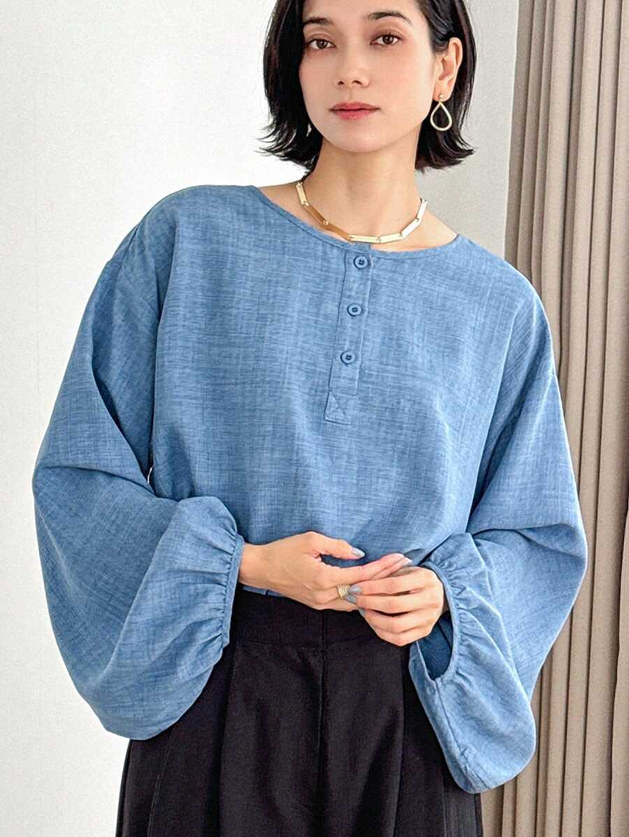 FRIFUL Áo sơ mi dài tay trễ vai dáng rộng vừa vặn dành cho nữ, mùa xuân và mùa hè - Màu xanh lam - Xem 1