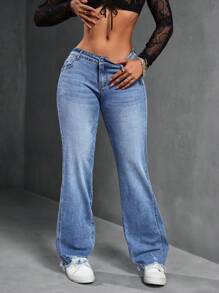 SHEIN SXY 女式口袋喇叭休闲百搭牛仔裤 - 中等水洗藍 - 查看 5