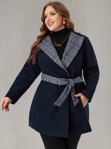 EMERY ROSE Cappotto invernale da donna taglie forti, elegante cappotto in lana con collo a bavero, maniche lunghe, cintura in vita, colore a contrasto - nero - Visualizzare 2