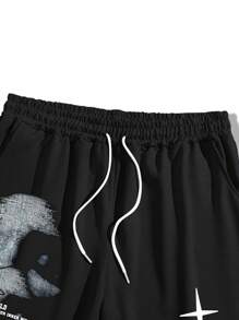 GENIUS ODE Men's 2 Pieces Set, Round Neck Face Print Short Sleeve T-Shirt And Drawstring Casual Shorts