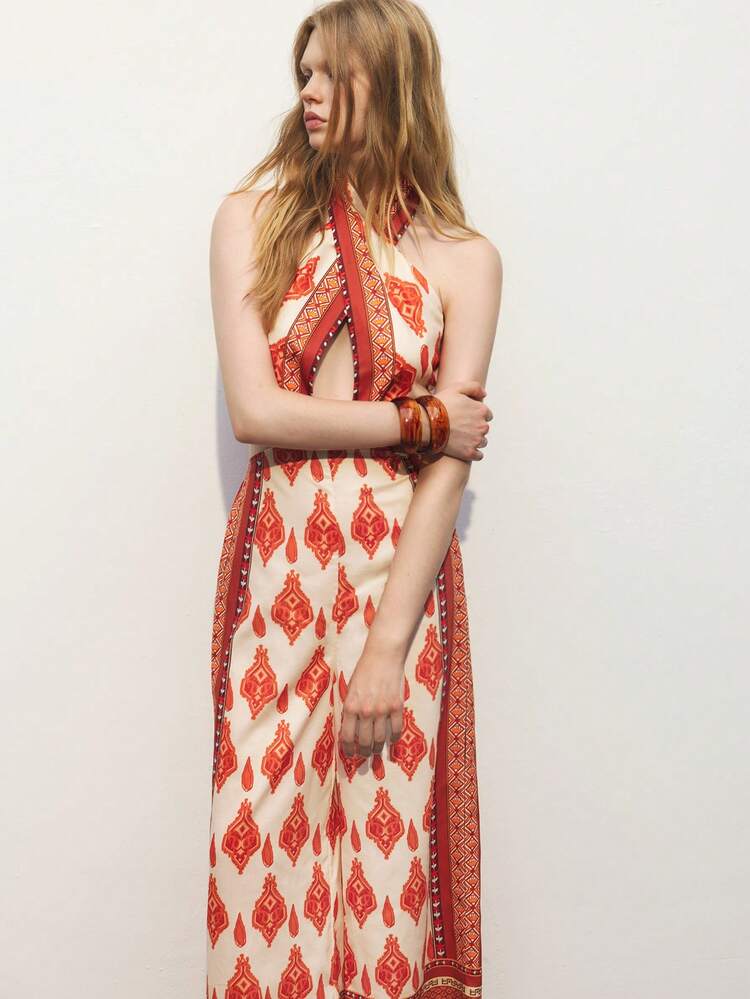 SHEIN Maija Women's Halter Neck Printed Hollow-Out Knotted Jumpsuit