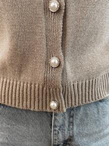 EURMUSE Gold Button Short Sleeve Elegant Cardigan - Beige - View 4