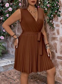 DreamSkyne 大码休闲纯色无袖褶边连衣裙 - 棕色 - 查看 4