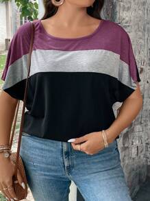 SHEIN LUNE Plus Size Contrast Color Crew Neck Casual Short Sleeve T-Shirt, Fall Women Tops Purple, For Summer - Purple - View 6