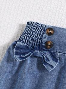 SHEIN 少女水洗褶皱腰部蝴蝶结纽扣A字牛仔裙，秋季返校季 - 中等水洗藍 - 查看 3