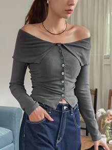 DAZY Women's Solid Color Off-Shoulder Buttoned Collared T-Shirt, Casual Daily Wear