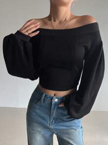 DAZY 女士休闲露肩短款运动衫，春秋装，秋季女装 - 黑色 - 查看 7