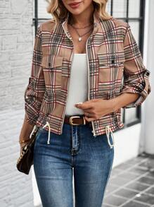 SHEIN LUNE Chaqueta de mujer casual con cordón vintage clásica a cuadros de 4 temporadas