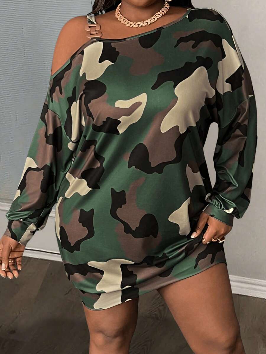 Slaydiva 大码女式宽松迷彩印花长款不对称领口运动衫（带肩带），春/秋 - 軍綠色 - 查看 1