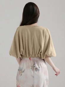DAZY Women Solid Color Hemline Waist Fitted Short T-Shirt - Khaki - View 2