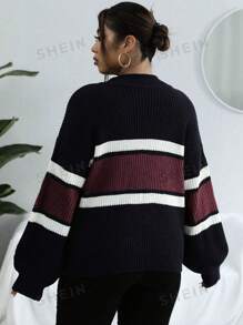 Vionelle Plus Size Color Block Striped Lantern Sleeve Sweater, Autumn/Winter Knit Pullover Fall - Black - View 2